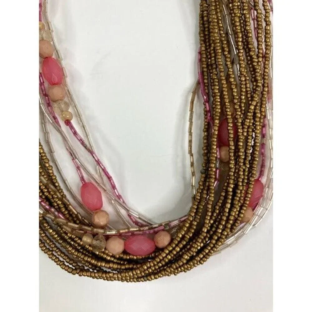 Beaded Necklace Multi Strand Twisted Seed Bead‎ Pink Clear Gold Tone Statement